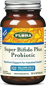 Flora Super Bifido Plus 102 Millioner CFU, Raw Probiotika til mænd og kvinder, Bifidobacterium, Lactobacillus, fordøjelse, IBS, immunsystem, Gut Balance Kosttilskud - 30 Vegetariske kapsler