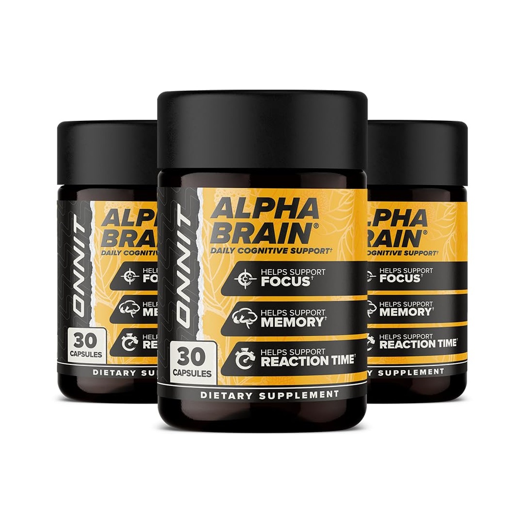 ONNIT Alpha Brain Nootropic Capsules for Men & Women, IGEN Non-GMO Tested Memory, Focus & Mental Clarity, with L-Theanine and Vitamin B6, 30 Count Each, Pack of 3 (90 Capsules)