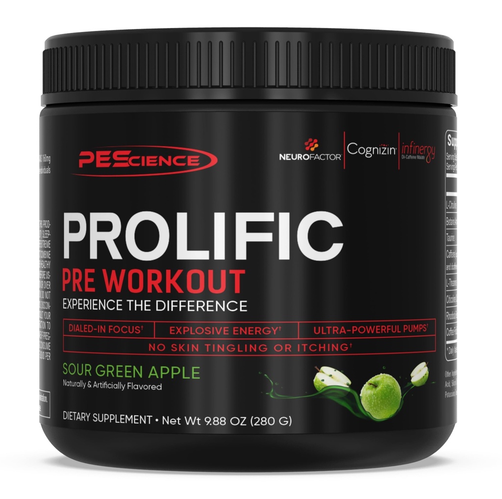 PEScience Prolific Energy Pre Workout - L Citrullin for nitrogenoxid, Rhodiola & CDP Cholin Nootrop for Focus - Fortræning for mænd og kvinder - 40 Scoops, Sour Green Apple