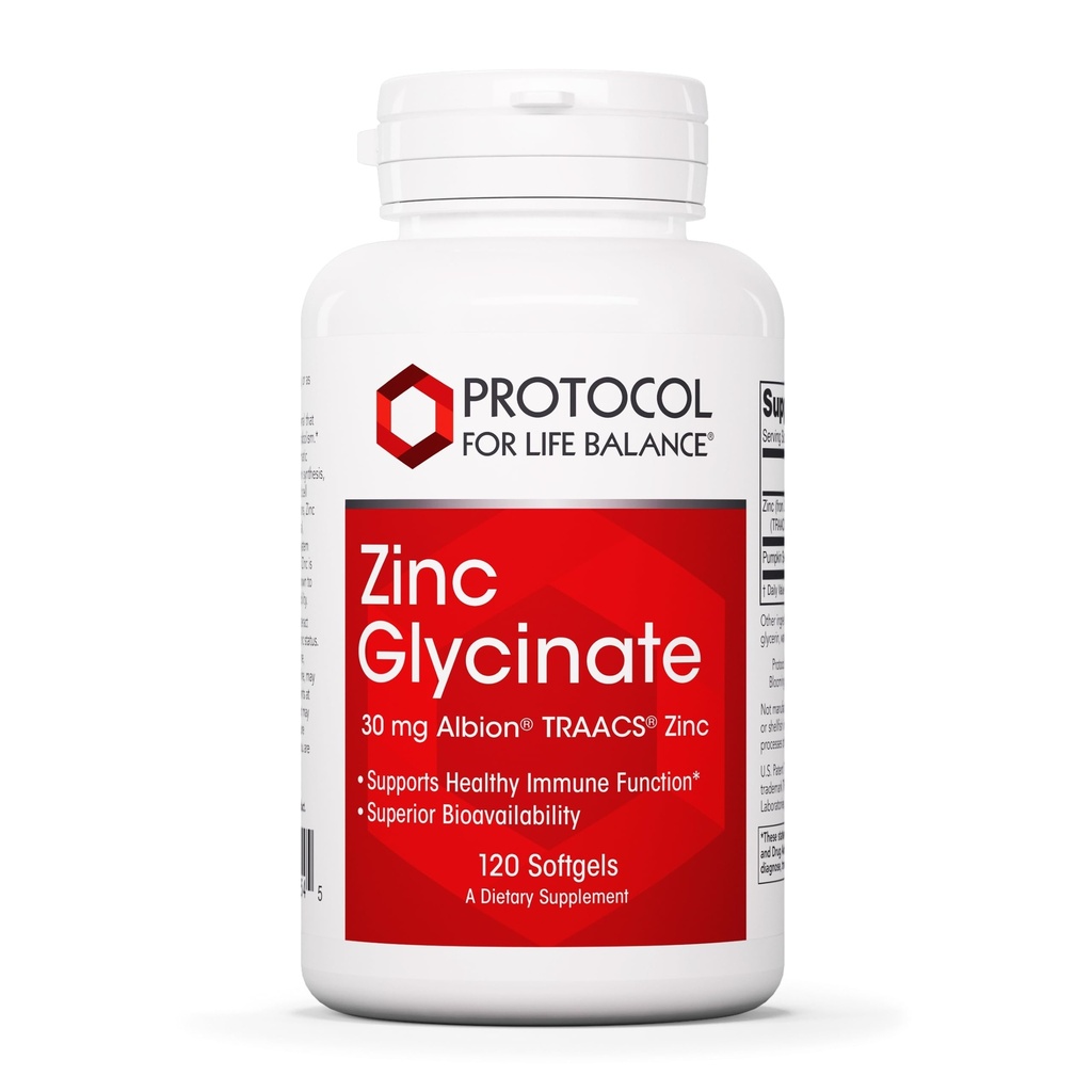 Protocol for Life Balance Zink Glycinate 30mg - with Albion Traacs Zink - Zink Glycinate Supplement - immunsystem support * - Keto Friendly & Dairy Free - 120 Softgels