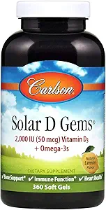Carlson - Solar D Gems, Vitamin D3 og Omega-3 Supplement, 2000 IE D3, 115 mg Omega- 3s EPA og DHA, Vitamin D Fish Oil Capsule, Bone & immunforsvar, Vitamin D supplement, Lemon, 360 Softgels