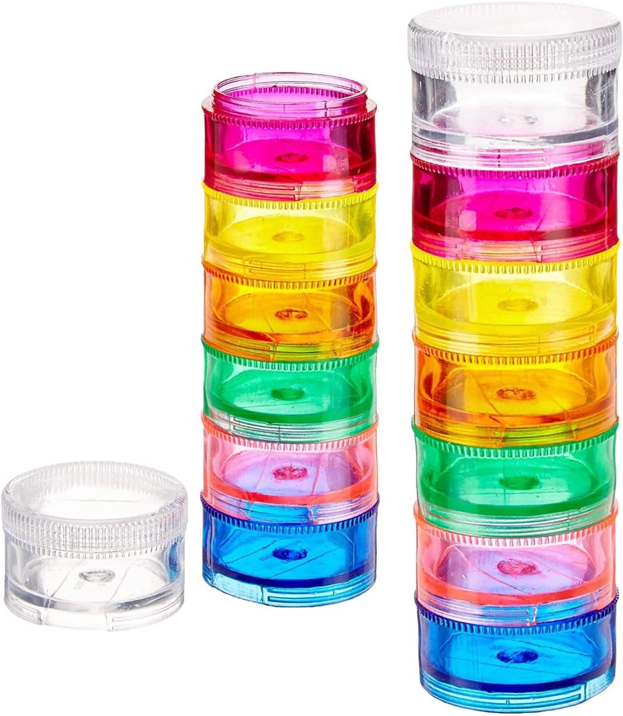 Deke Home - Stackable Pill Organizer (2 Pack), 7 dages Ugentlig Pill Box Tower med Twist Lock Compartments, BPA- Free, Travel Medicine Holder & Vitamin Dispenser, Compact & Portable Case, Rainbow Farvet