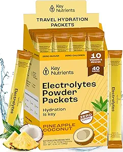 KEY NETRIENSER Elektrolyter Powder Pakninger - Tropical Ananas Coconut 40 Pack Hydration Pakninger - Travel Hydration Powder - Ingen Sukker, Ingen Kalorier, Gluten Free Keto Electrolytes Powder - Made in USA
