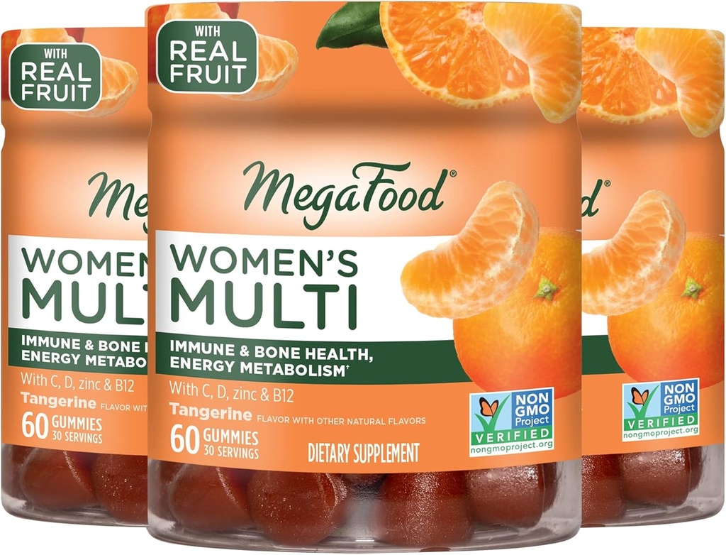 MegaFood Women 's Multi - Multivitamin til Women- Gummy Vitamin C, vitamin D, zink, vitamin B12 & Choline- immunforsvar & Bone Health- Vegetarian - Tangerine - 60 Gummies (30 Servere) 3 Pack