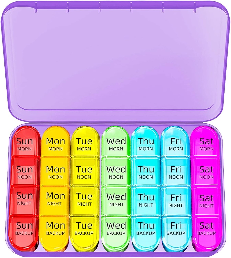 Odaro Weekly Pill Organizer 4 gange om dagen, Daily Pill Box 7 dag, Stor rejse Pill sag med 28 Segment til at holde medicin, Vitamin og tillæg - Purple Case