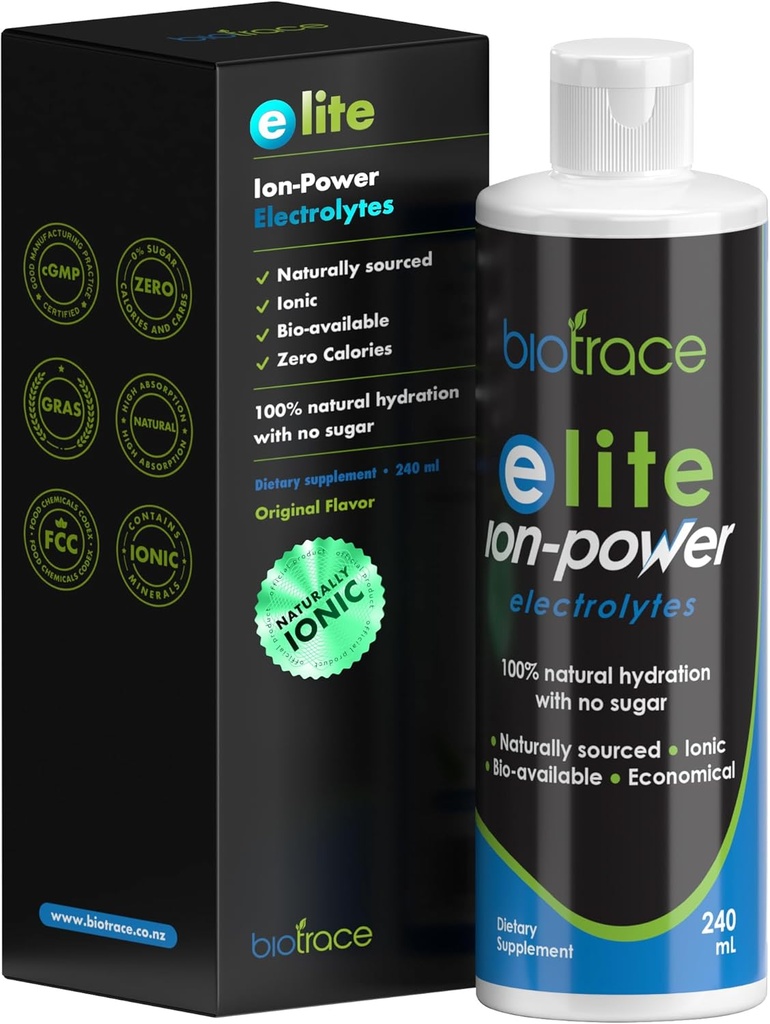 BioTrace Elite Ionic Electrolyte Drops C124; 0 Kalorier 0 Sukker 0 Carbs C124; Rapid Hydration, Stamina, Energy, Muscle Recovery C124; Trace Minerals Electrolytes C124; 30% + Mere Kalium Magnesiumchlorid