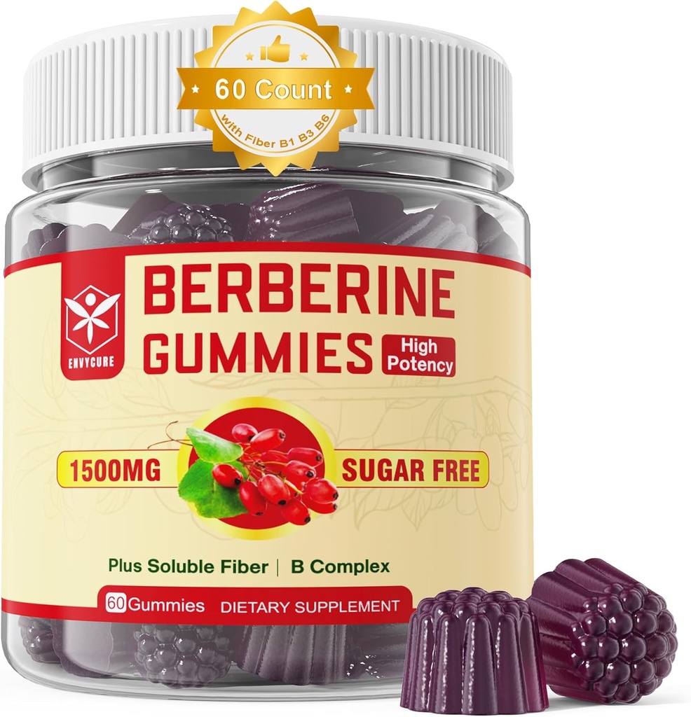 Berberine Supplement 1500mg med Opløselig Fiber, B1, B3 & B6, Sugar Free Berberine HCL Gummies, High Bioavailability AMPK Activitor for Mętâbõlisme Balanceret, Daglig fordøjelse & Body Mânâgęmęnt, 60 Cts