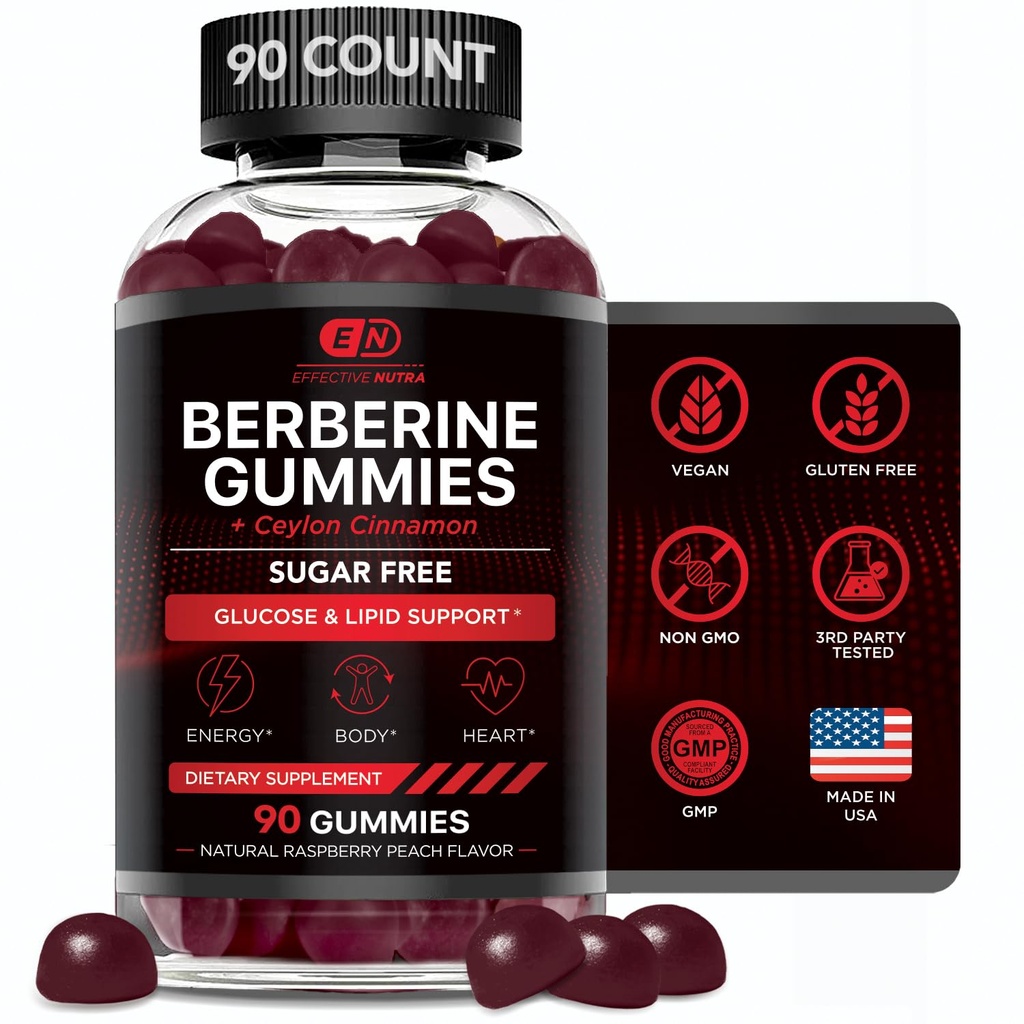 EFFEKTIV NUTRA Berberine Gummies med Ceylon Cinnamel Name 124; Sukker-Free Supplement 1200mg til Blood Sugar Support, Heart Health, Energy