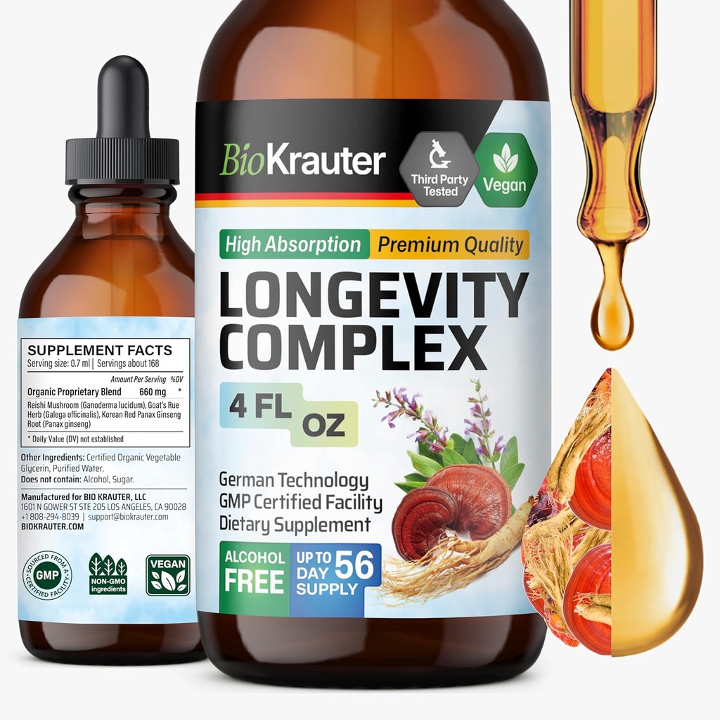 BIO KRAUTER Longevity Mushroom Supplement - Liquid Reishi Mushroom Complex med Geats Rue & Red Ginseng Root Extract - Vegansk tinktur - Alkohol & Sukker Free Drops 4 Fl.Oz.