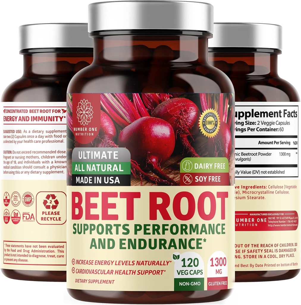 N1N Premium Organic Beet Root Capsules 1300mg 120 Veg Caps [Non-GMO & Gluten Free] Alle naturlige Beet Root Powder for Energy Support