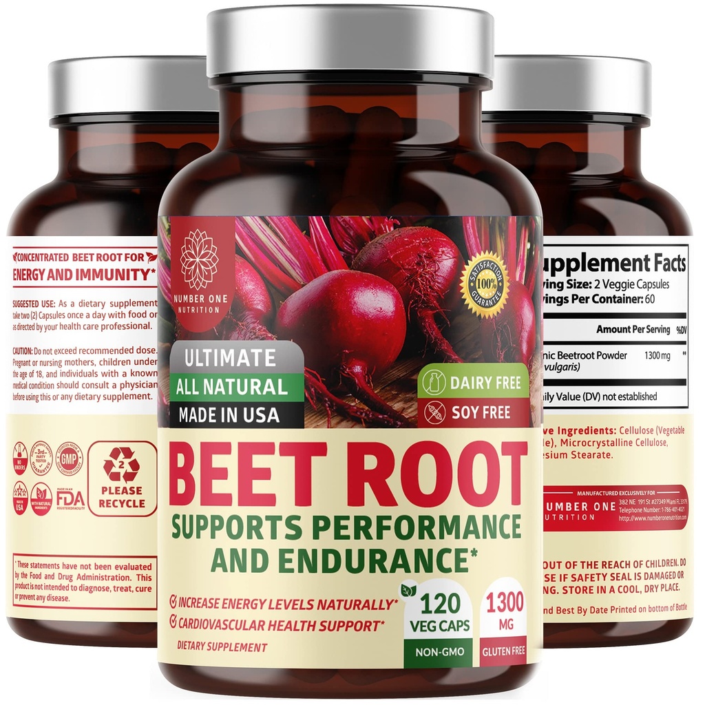 N1N Premium Organic Beet Root Capsules 1300mg 120 Veg Caps [Non-GMO & Gluten Free] Alle naturlige Beet Root Powder for Energy Support