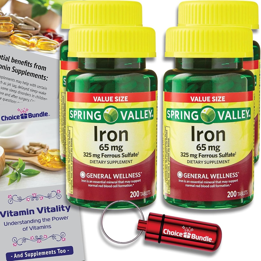 Spring Valley Iron Tablets Kosttilskud Værdi størrelse 65 mg 200 CT 4 Pk Choice Bundle (800 alt) + Vitamin Vitality Guide & Pill Container (6 genstande)!