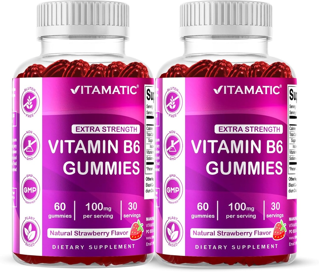 Vitamin 2 pakker B6 100 mg Gummies - Natural Strawberry Flavor - 60 Pectin- baserede Gummies per flaske - Nervesystemet og energistøtte