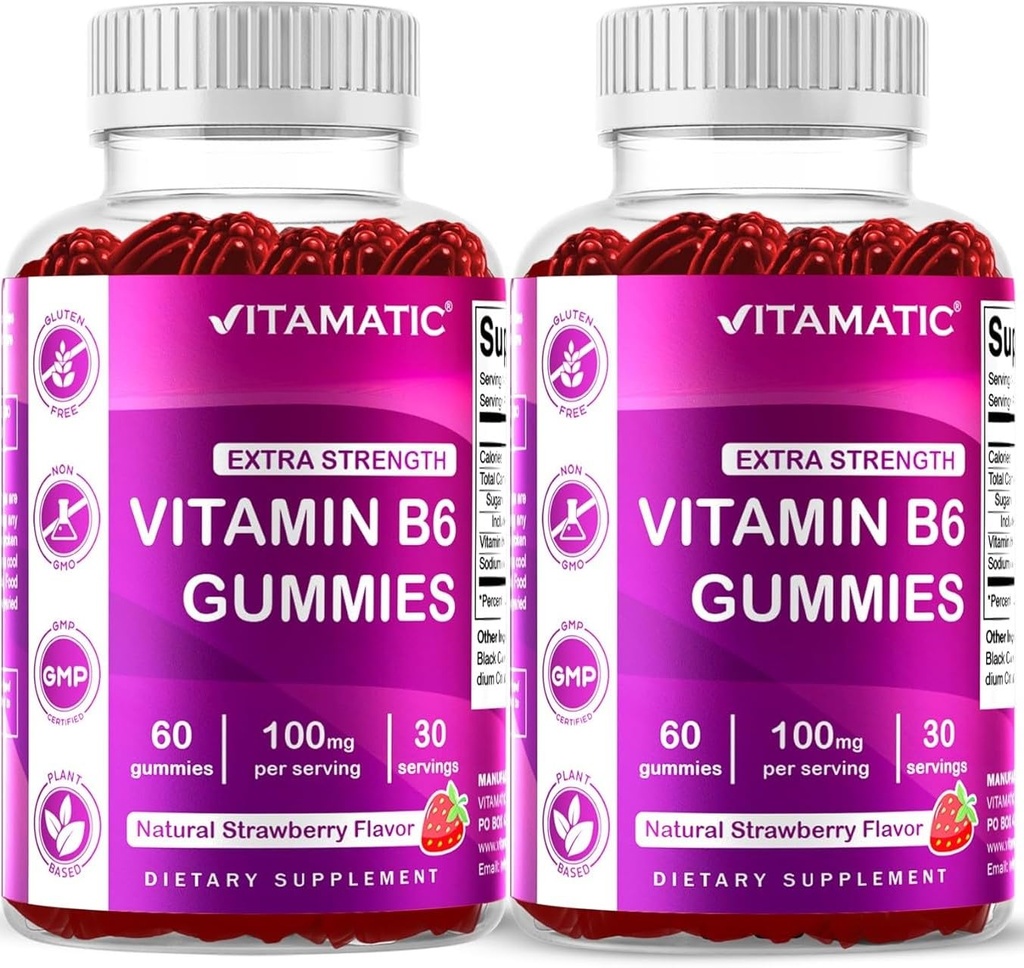 Vitamin 2 pakker B6 100 mg Gummies - Natural Strawberry Flavor - 60 Pectin- baserede Gummies per flaske - Nervesystemet og energistøtte