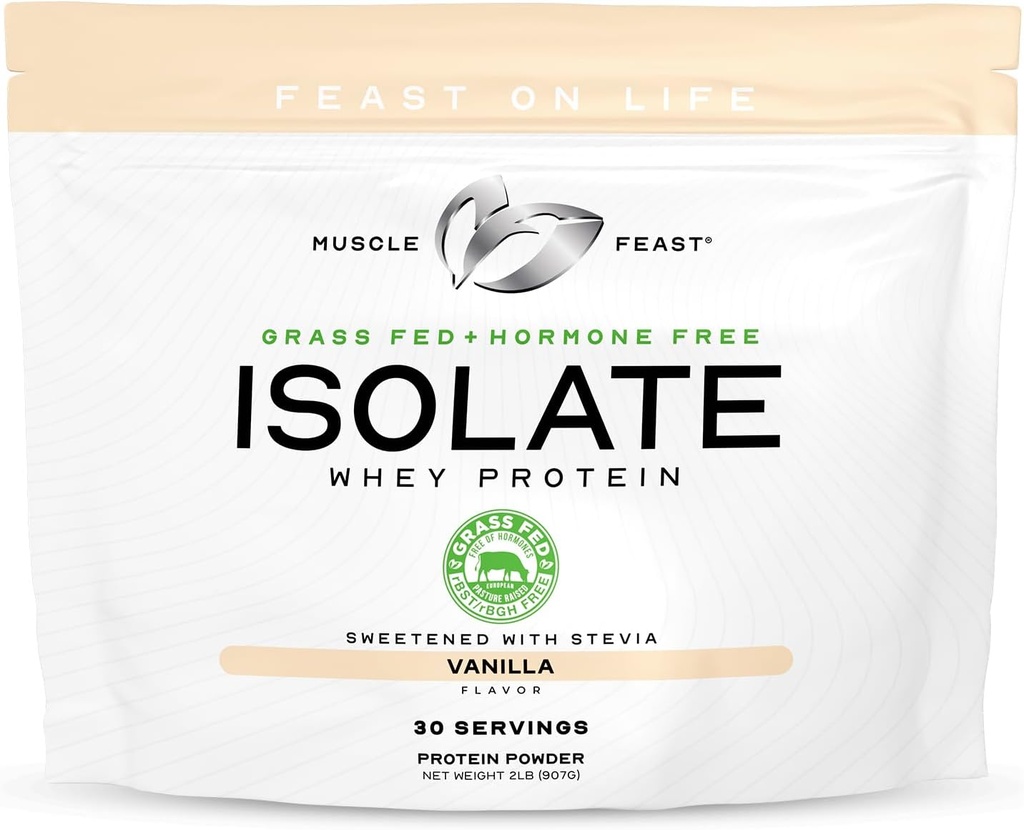 Muscle Feast Grass-Fed Whey Protein Isolate, All Natural Hormone Free Pasture Raised, Whey Isolate Protein Powder for Men and Women, Clean, Gluten-Free, Delicious Isolate Protein - Vanilla, 2lb
