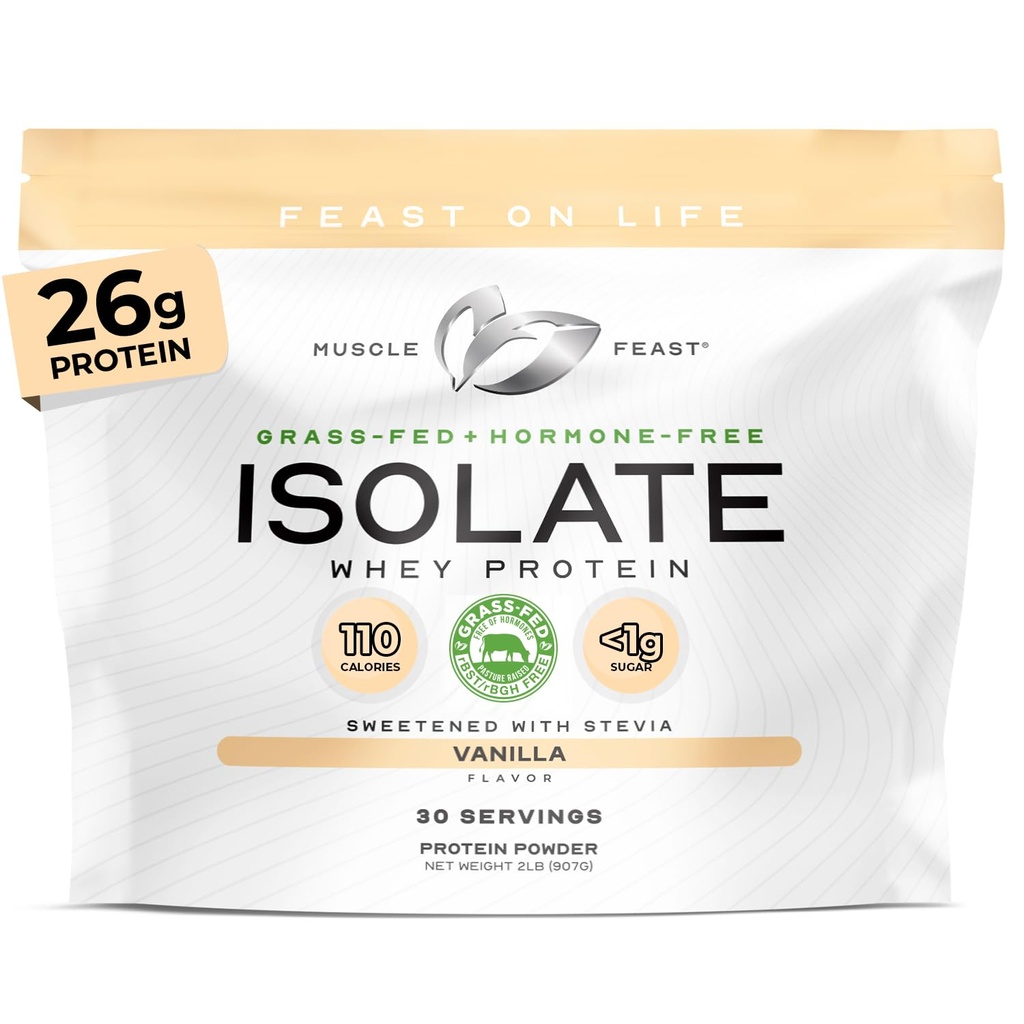 Muskel Feast Grass- Fed Whey Protein Isolate, Alle naturlige Hormone Free Pasture Raised, Whey Isolate Protein Powder for mænd og kvinder, Clean, Gluten- Free, Lækker Isolate Protein - Vanilla, 2lb