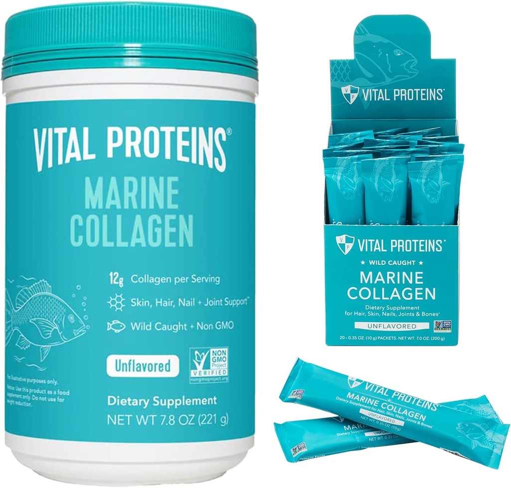 Vital Proteins Marine Collagen Peptider Pulver Supplement 7, 8 oz Canister + Stick Packs (10 g) (Æske med 20)