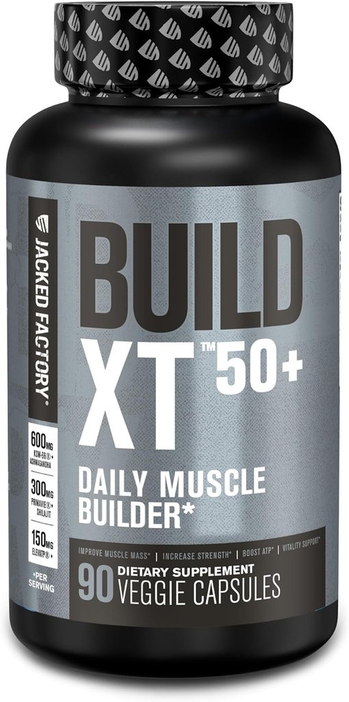 Jacked Factory Build- XT 50 + Daily Muscle Builder - Muscle Recovery Supplement & Muscle Builder for mænd og kvinder med KSM- 66 Ashwagandha, Primavie Shilajit, ElevatP, & Astragin - 90 Greve