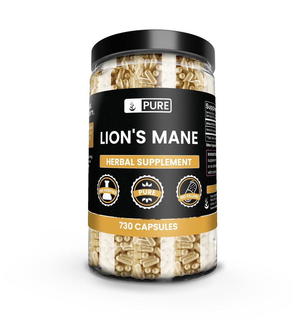 PURE ORIGINAL INGREDIENSER Lions Mane (730 kapsler) Ingen Magnesium eller Rice Fillers, Altid Pure, Lab Verified
