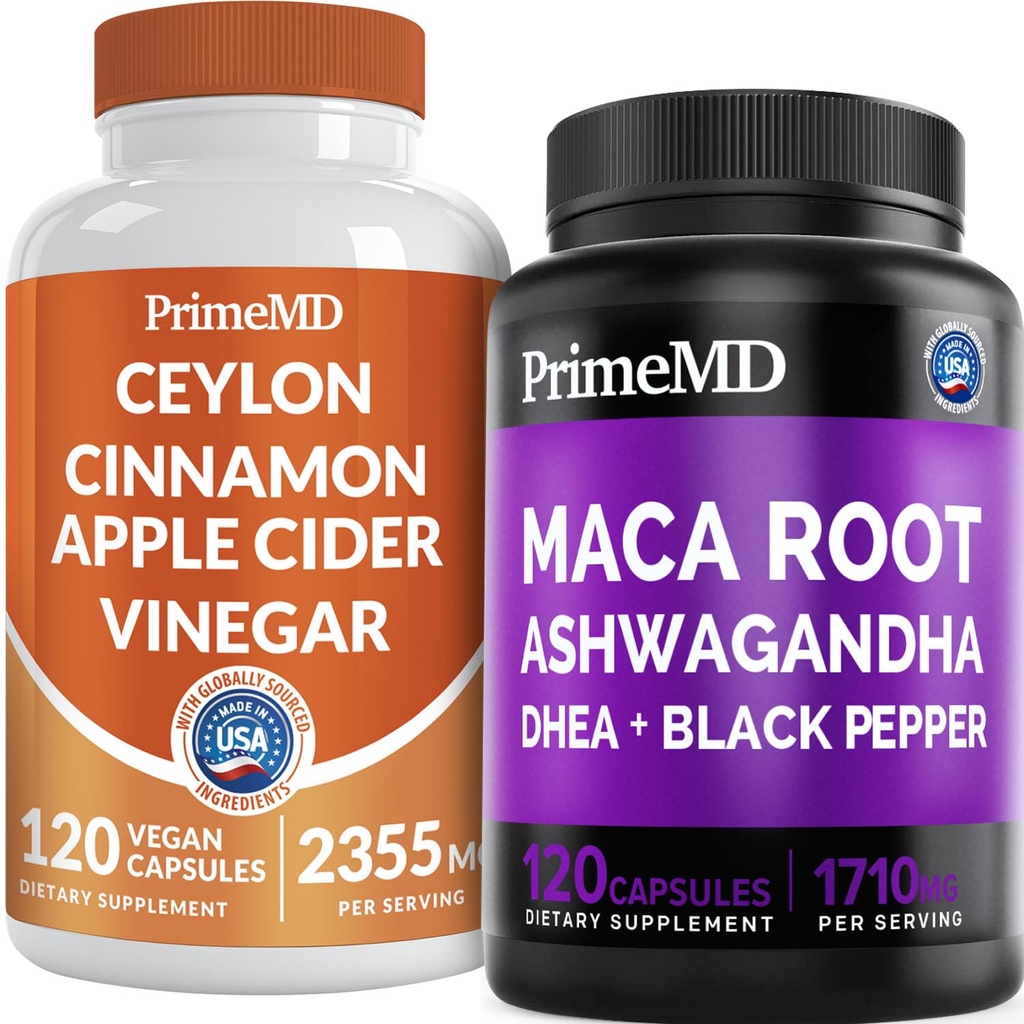 5-in-1 Ceylon Cinnamon w Apple Cider Vinagre, Gurmerisk, & Ginseng Root (120ct) & 6-in-1 Maca Root Ashwagandha w DHEA & Black Pepper Fruit (120ct) Bundle - Energy, Mood, & immunsupportsupplement