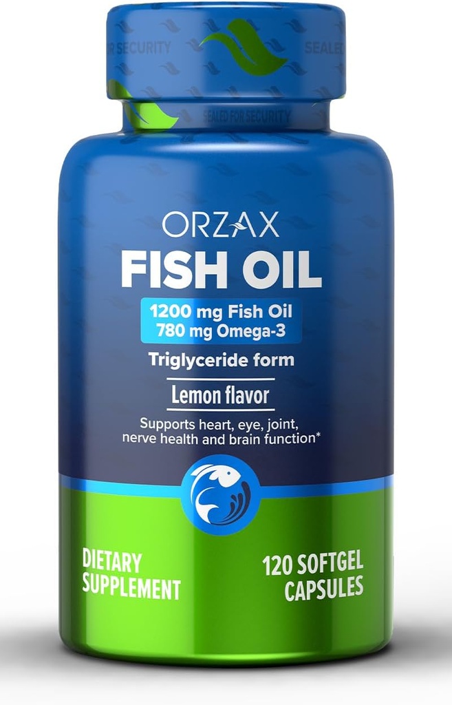 ORZAX Omega 3 Fish Oil 1200 mg - EPA DHA Omega 3 Supplement - fremmer hjerte, øje, fælles, nerve, immunforsvar, hjerne og blod sundhed - Burpless & Lemon Flavored - Non- GMO - 120 Softgels - 60 dages forsyning