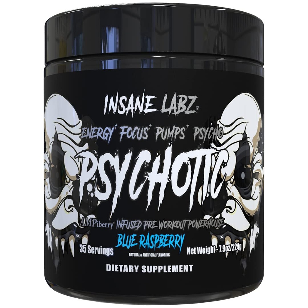 Insane Labz Psykotisk Sort udgave Mid Stimulant Pre Workout Powder, Energy Focus Pumper, Indfyldt med Creatin Beta Alanine Taurine fueled by AMPiberry, 35 Servere (Blå Hindbær)