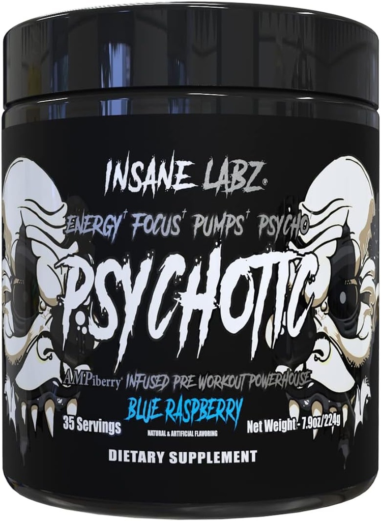 Insane Labz Psykotisk Sort udgave Mid Stimulant Pre Workout Powder, Energy Focus Pumper, Indfyldt med Creatin Beta Alanine Taurine fueled by AMPiberry, 35 Servere (Blå Hindbær)