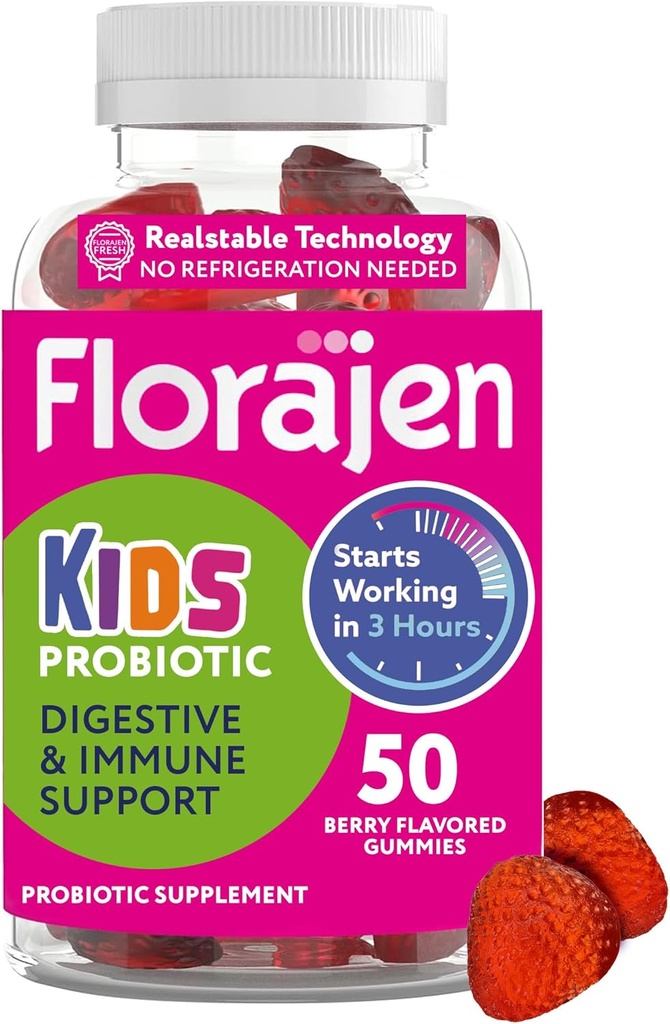 Florajen Kids Probiotiske Gummies - Triple- Action Prebiotic, Probiotic, & Postbiotisk supplement til fordøjelsessygdomme, immunforsvar, & Bloating Relief - Organic, Vegan, & Gluten- Free - 50-Greve