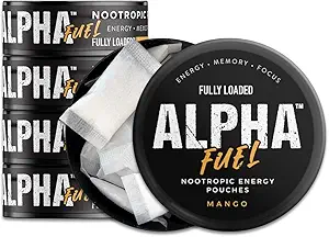 Fully Loaded Alpha Fuel Nootropic Pouches (Mango Fuel) - 5 cans, 15 Pouches per can - Energy Pouches containing Caffeine and nootropic Blend