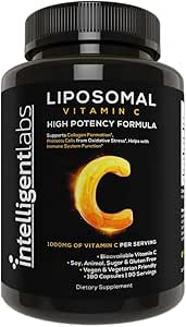 Intelligente Labs Liposomal Vitamin C 1000mg, 180 Veggie Kapsler, Biotilgængelig, Energi & Immunstøtte, Antioxidant tillæg med MCT Olie og Solsikke Lecithin, 90- Day Supply