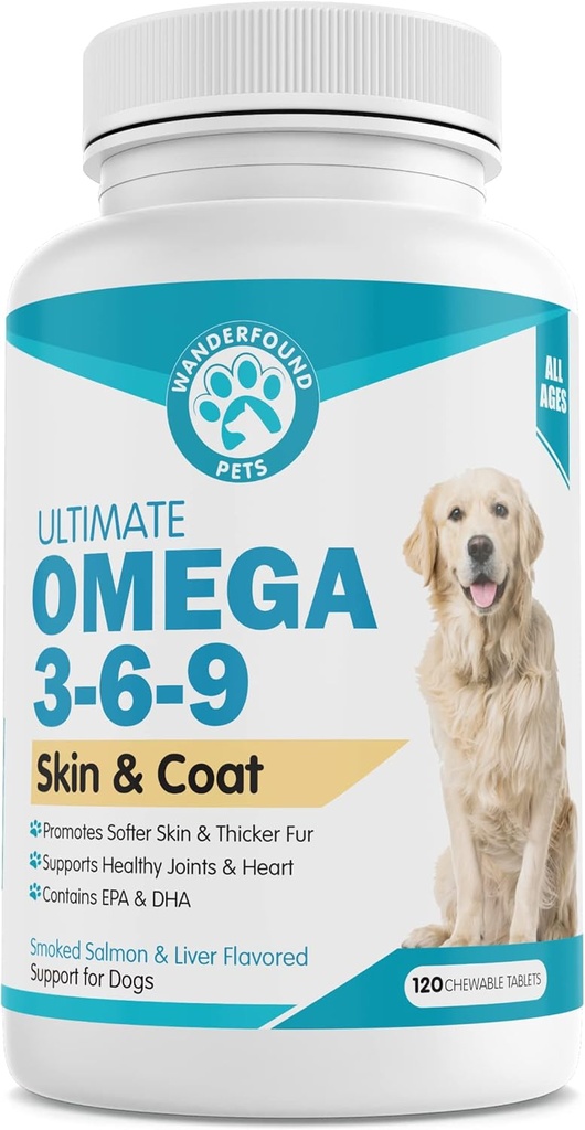 Wanderfound Kæledyr - Omega 3 Fiskeolie til hunde, Røget laks og lever flavor, 120 tyggetabletter