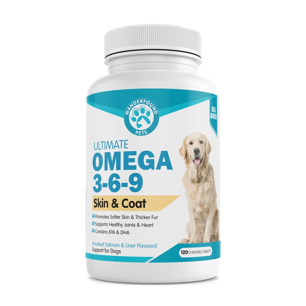 Wanderfound Kæledyr - Omega 3 Fiskeolie til hunde, Røget laks og lever flavor, 120 tyggetabletter