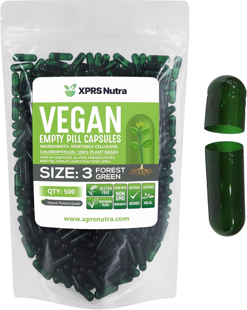 XPRS Nutra Størrelse 3 Tomme kapsler - 500 Grev Tomme Veganske kapsler - Vegetarisk Tomme Pill - DIY Vegetabilske Kapsler Fyldning - Veggie Pill Caps (Forest Green)