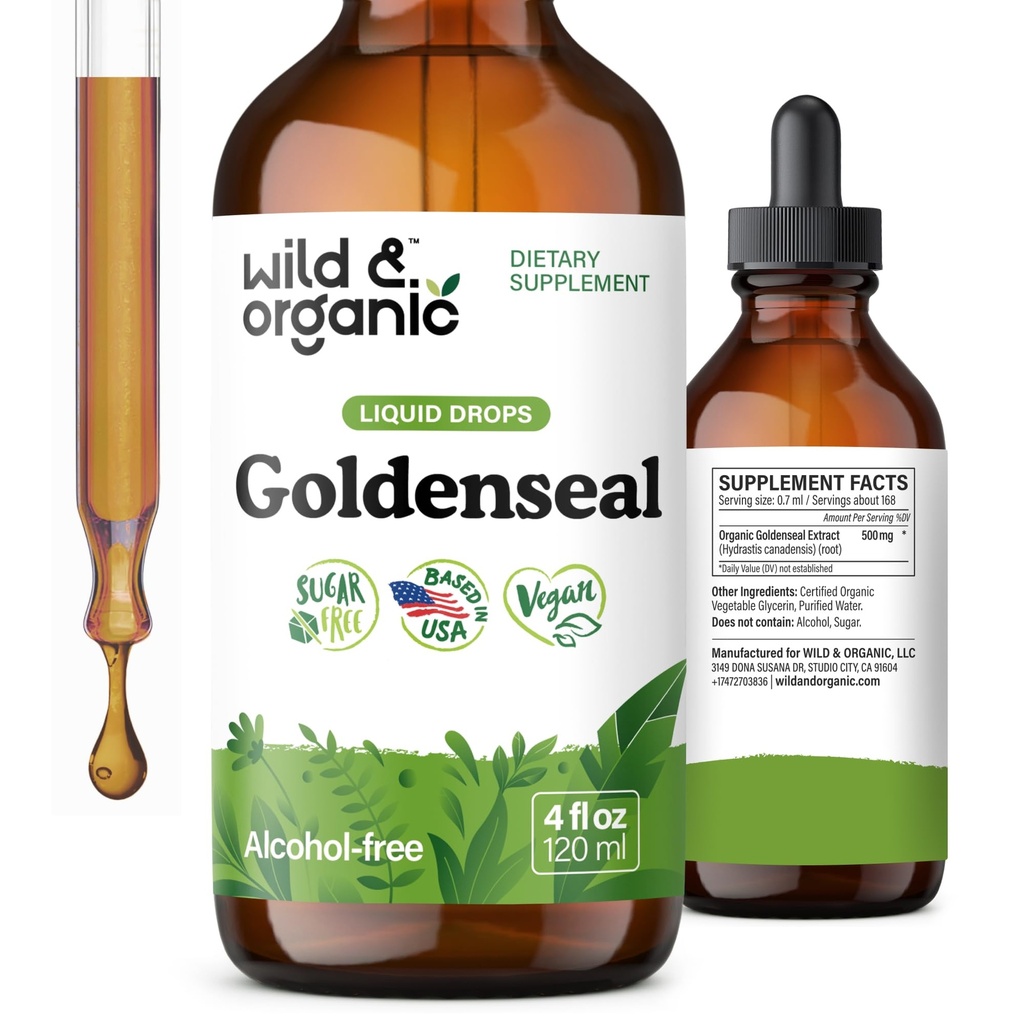 Wild & Organic Goldenseal tinktur - Lung & fordøjelsesstøtte - Goldenseal Root Extract Liquid Drops - Vegan, Sugar & Alcohol- Free Herb Supplement - 4 fl oz
