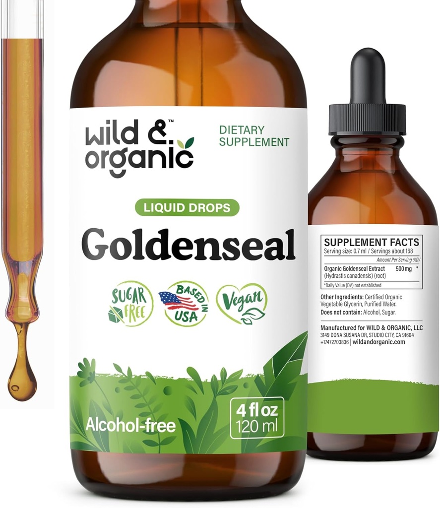 Wild & Organic Goldenseal tinktur - Lung & fordøjelsesstøtte - Goldenseal Root Extract Liquid Drops - Vegan, Sugar & Alcohol- Free Herb Supplement - 4 fl oz