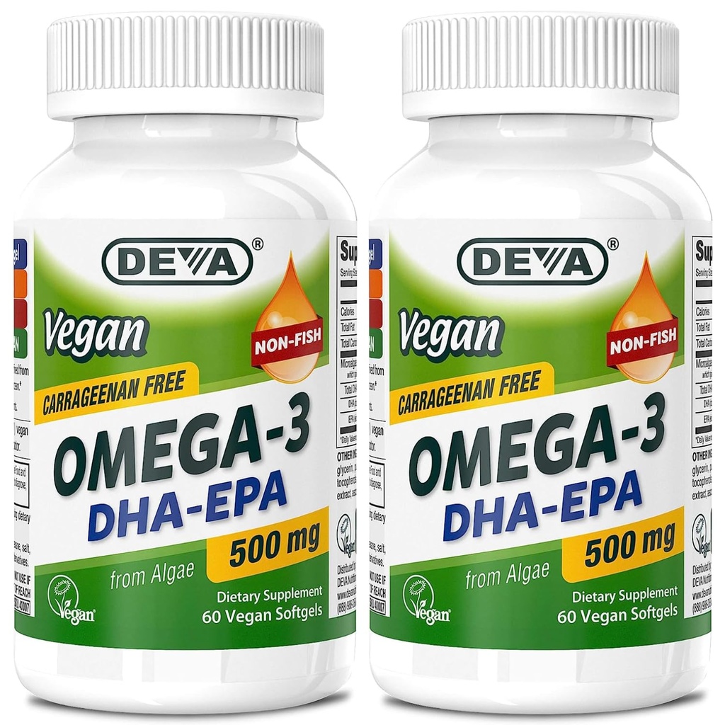 DEVA Vegan Omega-3 DHA- EPA 500MG 2- Pack - No Carrageenan, Non- Fish Oil Derived from Algae, Non- GMO, 60 Gelatin- Free Softgels Ea