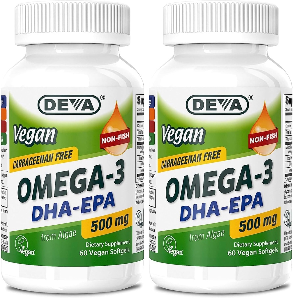 DEVA Vegan Omega-3 DHA- EPA 500MG 2- Pack - No Carrageenan, Non- Fish Oil Derived from Algae, Non- GMO, 60 Gelatin- Free Softgels Ea