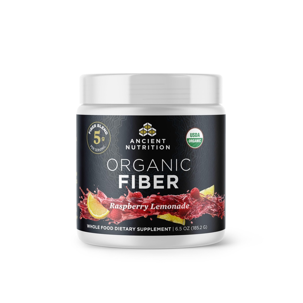 Ancient Nutrition Organic Fiber Powder, Raspberry Lemonade, Opløselige Fiber fra Acacia & Konjac Root, Understøtter fordøjelsessygdomme, Reducerer bloating, 6.5 oz