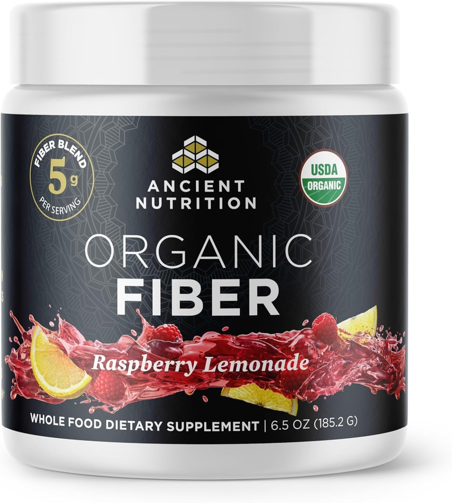Ancient Nutrition Organic Fiber Powder, Raspberry Lemonade, Opløselige Fiber fra Acacia & Konjac Root, Understøtter fordøjelsessygdomme, Reducerer bloating, 6.5 oz