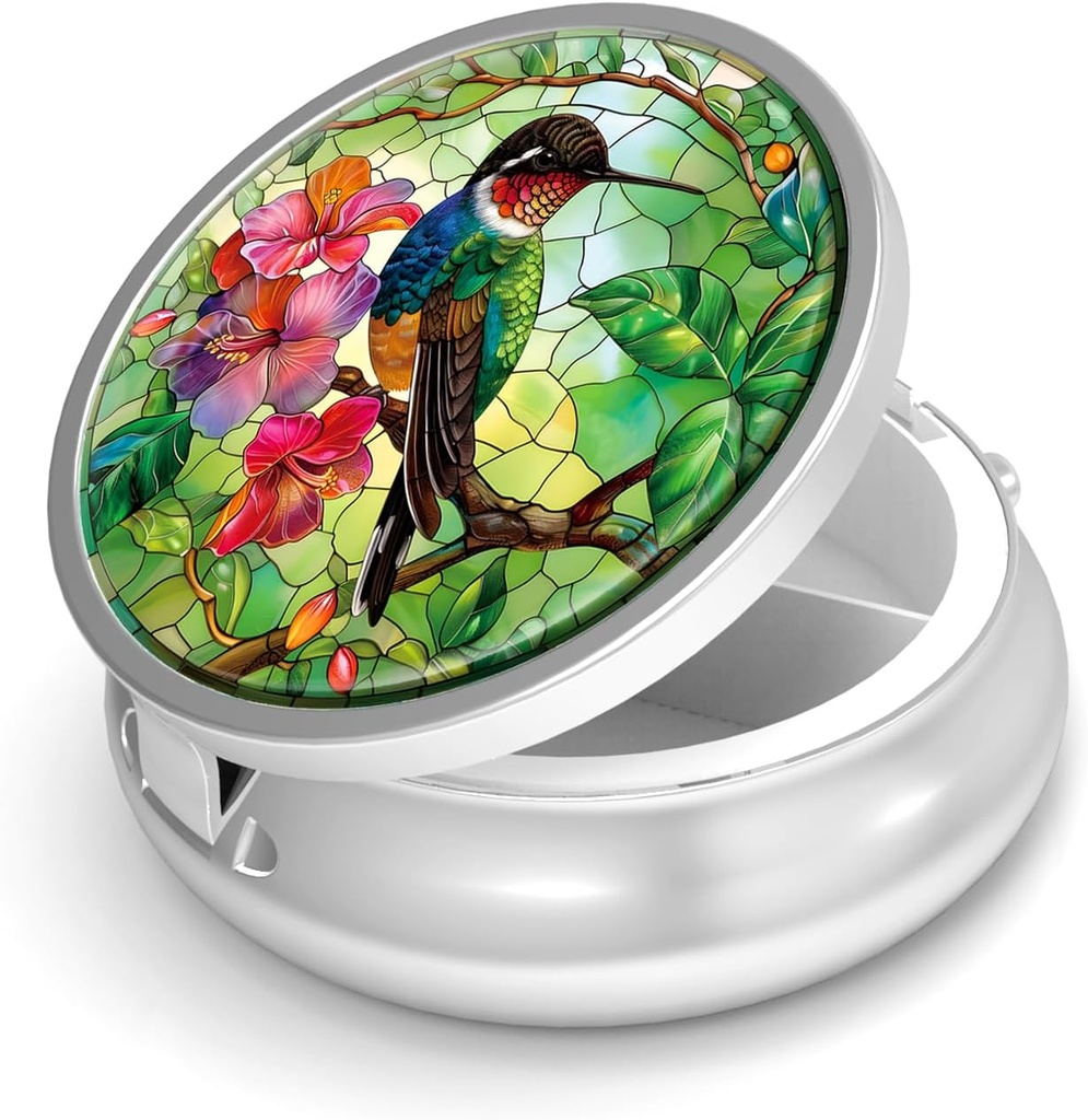 Pill Box-3 Segment Lille Pill sag for purse & Pocket Mini Metal Pill Holder Travel Pill Container til at holde kosttilskud vitaminer BPA- fri (Hummingbird)