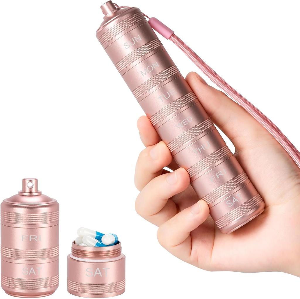 Bærbar Metal Pill Medicine Organizer - Vandtæt Pill Case Compact Travel Pill Box Weekly Aluminium Alloy Container, 7 dages daglig Pill Organizer Holder til små piller, Pink S