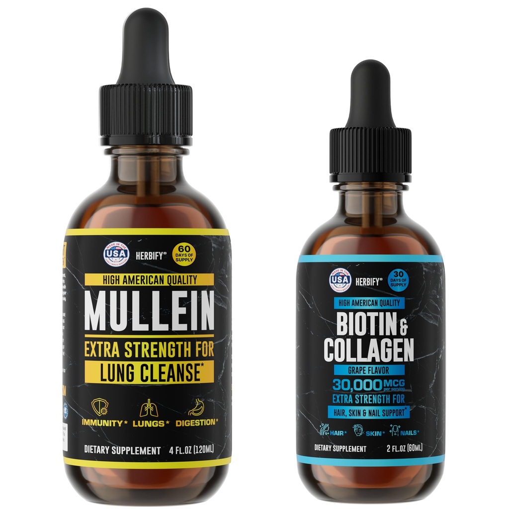 HERBIFY Bundle - Mullein Leaf Extract & Biotin and Collagen - Respiratory Support & Hair Skin and Nails Vitamins Support