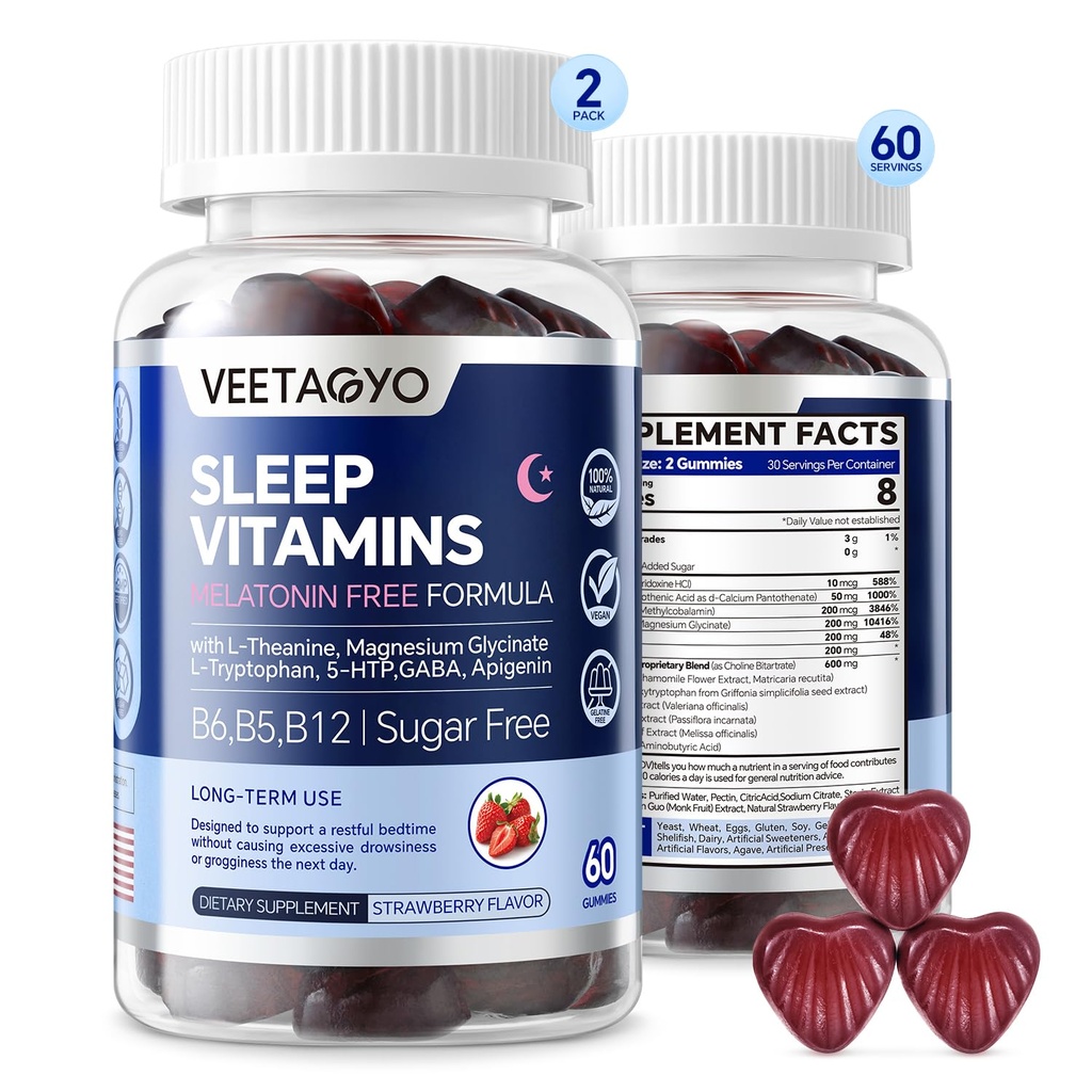 Melatonin Free 5- HTP GABA Supplement Gummies for voksne & børn 12 + med L- Theanin, Magnesium Glycinat, L- Tryptophan, Apigenin - Sugar Free, Strawberry Flavor, Vegan, 120 Greve