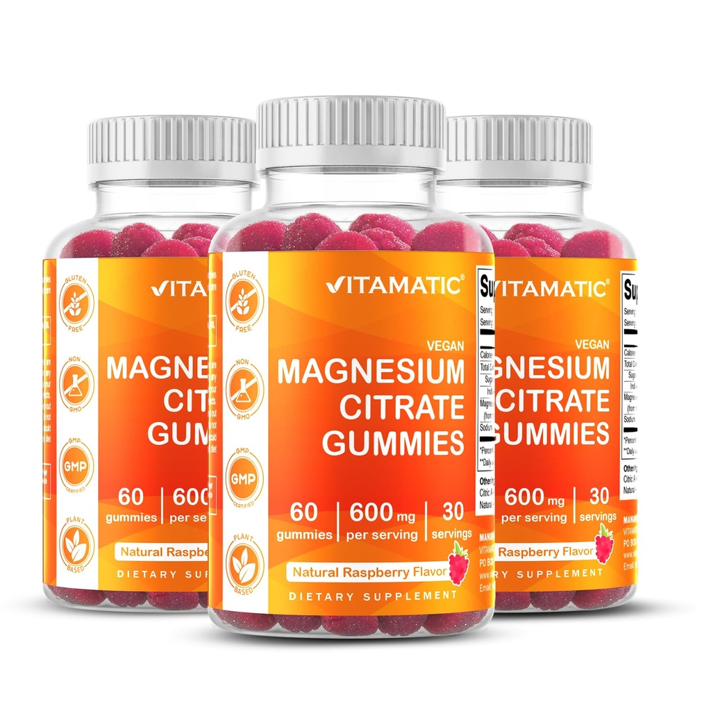 Vitamin Magnesium Gummies 600mg per servering - 60 Vegansk Gummies - Afslapning, Muskel, Bone & Energy Support - 3 Pack