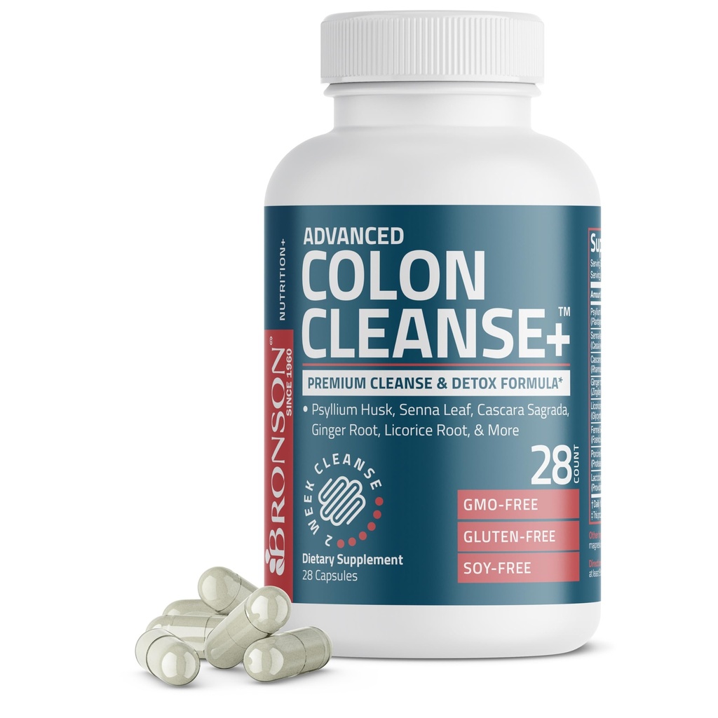 Bronson Advanced Colon Cleanse Premium 14 Day Cleanse & Detox Formel med Psyllium Husk, Senna Leaf, Cascara Sagrada, Ginger Root, Lakrids Root & Mere, Non- GMO, 28 kapsler