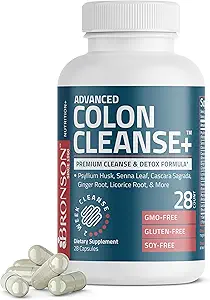 Bronson Advanced Colon Cleanse Premium 14 Day Cleanse & Detox Formula with Psyllium Husk, Senna Leaf, Cascara Sagrada, Ginger Root, Licorice Root & More, Non-GMO, 28 Capsules
