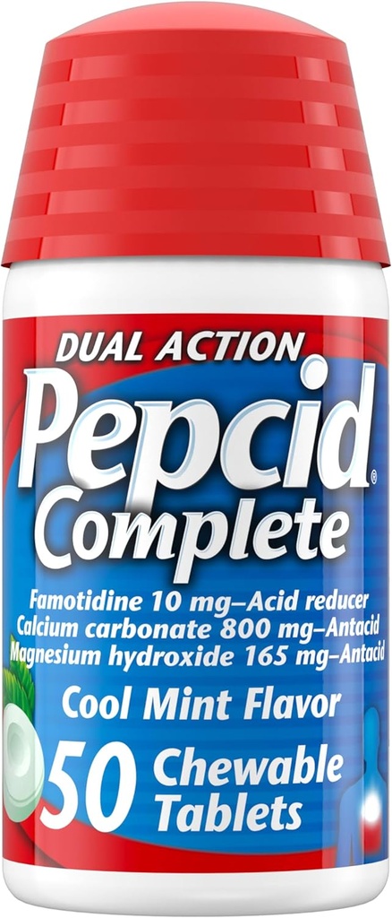 Pepcid Complete Acid Reducer + Antacida for Acid Reflux, 10mg Famotidin, 800mg Calcium Carbonat & 165mg Magnesium Hydroxid per Heartburn Medicine Tablet, Antacida Chews, Mint, 50 ct