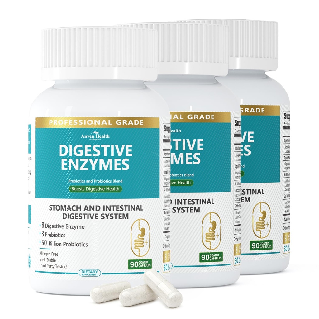 800mg fordøjelsesenzymer til mænd og kvinder med probiotika og prebiotika, 8 nøgleenzymer, protease, amylase & Lipase; 124; 270 kapsler - 90 dages forsyning til bloating & gas Relief - ikke - GMO