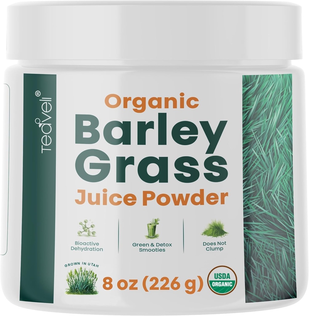 Teaveli Organic Barley Grass Juice Powder- Raw, Utah Grown Barley Grass Juice Extract til afgift- Supplements Wheatgrass Juice- Made in USA without Gluten, Additives or Preservatives - 8 oz (226 Bedste)