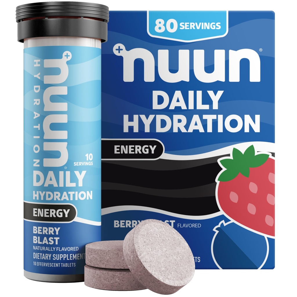 Nuun Energy Electrolyte Tablets with Ginseng, Coffein from Green Tea Extract, Vitamin B12, B6, B5, Magnesium & 4 Andre Elektrolyter, Gluten Free & Vegan, Berry Blast, 8 Pack (80 Servere i alt)